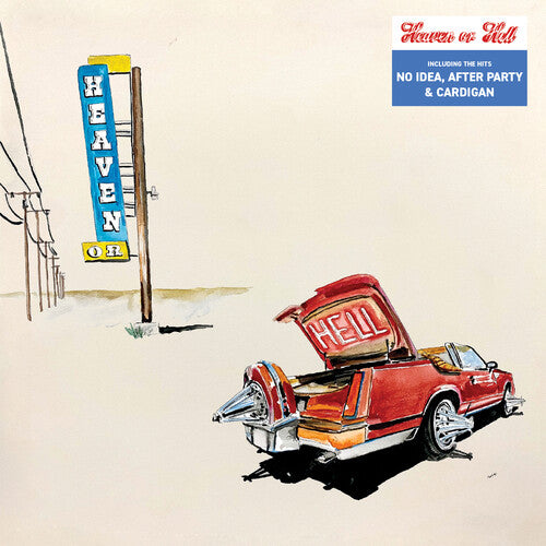 Album cover art for Don Toliver's 'Heaven Or Hell' featuring a stylized illustration of a car with 'Hell' written on it, and a signpost with 'Heaven' in the background.