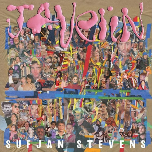 Album cover for Sufjan Stevens' Javelin LP featuring a colorful and collage-style artwork with various images and text.