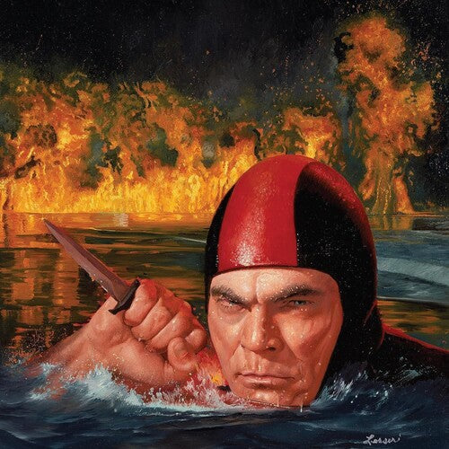 Album cover art featuring a stylized illustration of a person with a red and black hat holding a sword, with a background of fiery explosions.