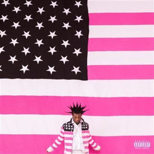 Album cover featuring a person with a pink and white striped jacket against a background with a large American flag with stars on the top half and a solid pink color on the bottom half.