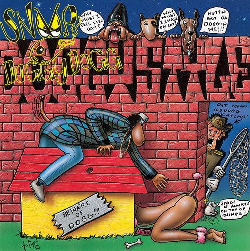 Cover art for Snoop Doggy Dogg's album 'Doggystyle 2LP' featuring a cartoonish illustration with Snoop Doggy Dogg in a brick wall setting, with a clear vinyl record and slipmat included.