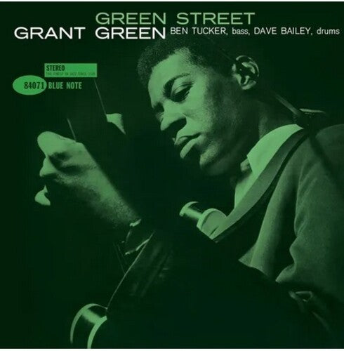 Album cover of Grant Green with the title 'Green Street' featuring a green-tinted photograph of Grant Green with a guitar.