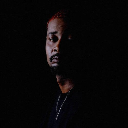 A black and white image of Danny Brown with red hair, wearing a black shirt and chain, against a dark background.