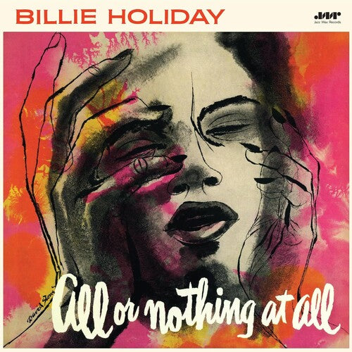 Album cover art for Billie Holiday's 'All Or Nothing At All' featuring a colorful, abstract illustration of Billie Holiday's face.