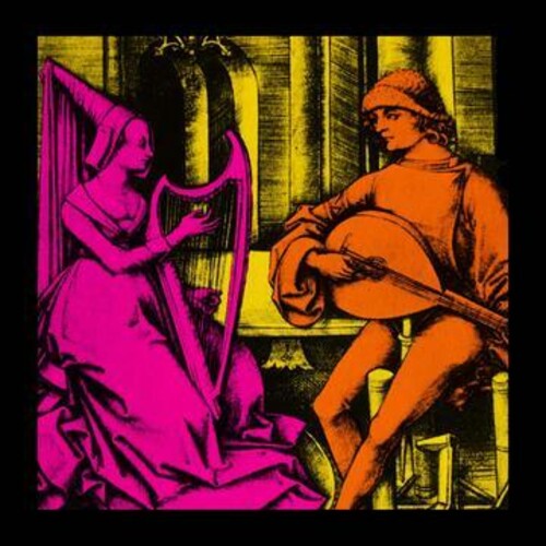 Cover art for 'Summer's Over LP' featuring a stylized illustration of a woman in a pink dress playing a harp, with a man in an orange t-shirt playing a instrument, both against a yellow background.