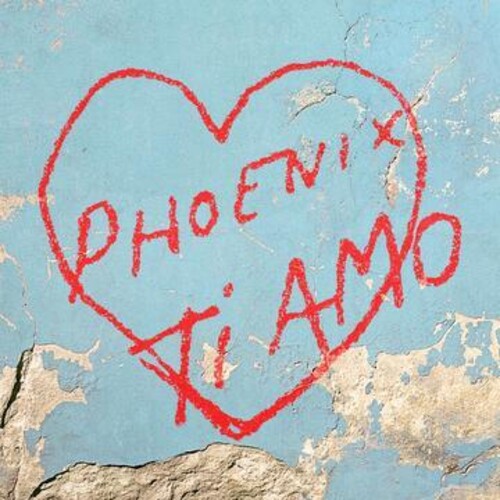 Red heart-shaped graffiti with 'PHOENIX TI AMO' on a textured blue wall.