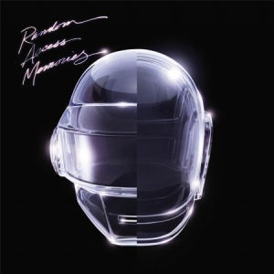 The image features the cover art for Daft Punk's album "Random Access Memories 3LP (10th Anniversary Edition)." It displays a minimalist, neon-lit design with a large, transparent helmet-like structure that houses a human-like face, framed by a dark, smooth background.