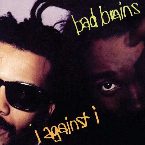 The image features the cover of the LP record for "I Against I" by Bad Brains. The cover displays a blurred photo of the band members, with bold, yellow text prominently displaying the album title.
