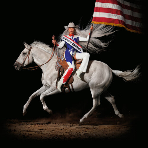 A vinyl record titled 'Cowboy Carter' featuring an image of Beyonce on a horse with an American flag in the background.