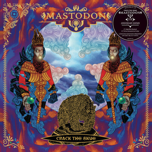 Album cover for Mastodon - Crack The Skye featuring two stylized figures against a sky and cloud background with the band's name and album title above.