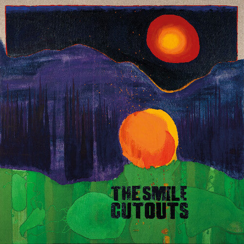 Record cover art for 'The Smile - Cutouts LP' featuring a stylized nighttime landscape with a large orange moon and a silhouetted figure in the foreground, set against a dark background with trees.