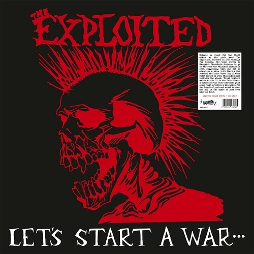 This image features the album cover for "Let's Start A War Said Maggie One Day" by The Exploited. The cover art is striking with its bold, red background and striking black silhouette of a skull adorned with spiky red hair.
