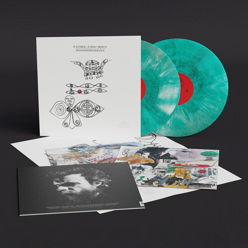 A vinyl record titled 'Father John Misty - Mahashmashana LP' with a blue mashup cover, along with a black vinyl record, a CD, and a booklet with artwork and lyrics.