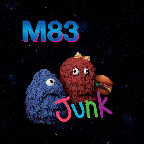 Album cover for M83's 'Junk' with two colorful characters against a starry space background.