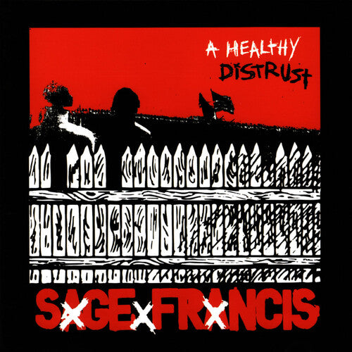 Album cover with silhouette of two people behind a fence, red background, and 'Sage Francis' text.