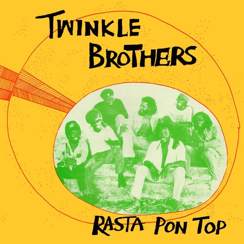 Album cover for 'Rasta Pon Top' by Twinkle Brothers with a yellow background and green illustration of people.