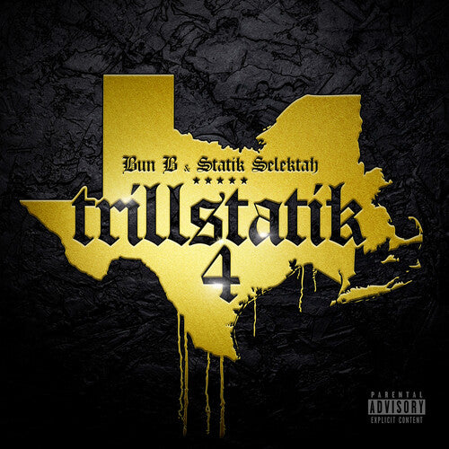 Gold 'trillstatik 4' logo on a black textured background with parental advisory label.