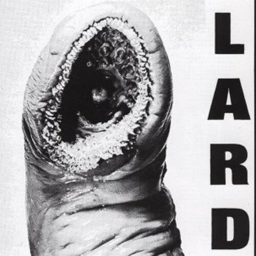 Black and white image of a close-up of a food product with the word 'LARD' on the right.