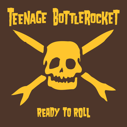 Logo with skull and crossbones in yellow on a brown background, featuring 'Teenage Bottlerocket' text.