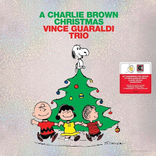Album cover of 'A Charlie Brown Christmas' by Vince Guaraldi Trio with cartoon characters around a Christmas tree.