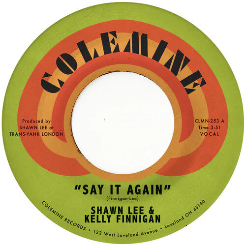 Vinyl record label with 'Say It Again' by Shawn Lee & Kelly Finnigan on a green and orange background.