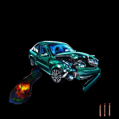Artistic depiction of a green car with a colorful splash on a black background