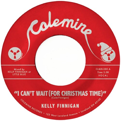 Red vinyl record label with 'Colemine' branding and text about a Christmas song by Kelly Finnigan.