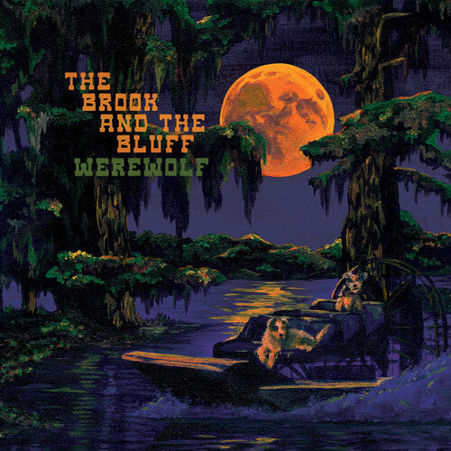 Digital artwork of a werewolf in a boat on a moonlit lake with trees and a full moon in the background.