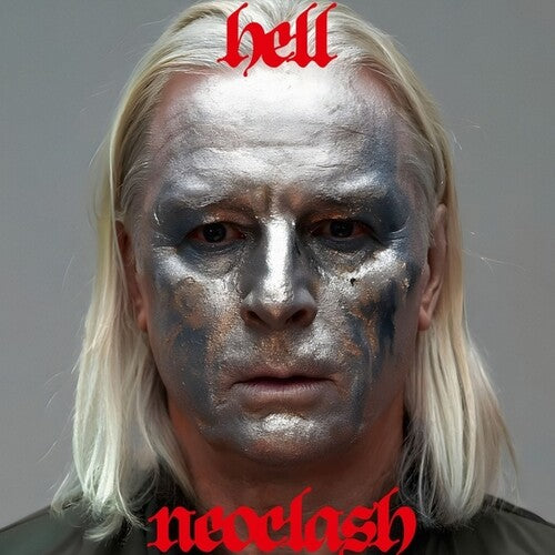 Person with silver makeup and 'hell' and 'nevslash' text on a dark background