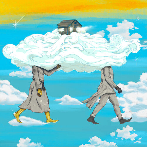 Two figures carrying a cloud with a house on it against a blue sky with clouds.
