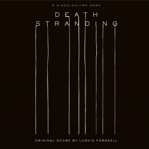 Promotional graphic for 'Death Stranding' game with title and creator's name on a black background