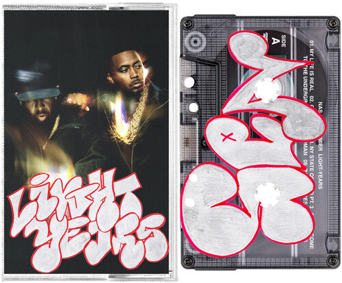Cassette tape with a cover featuring two men and stylized text.