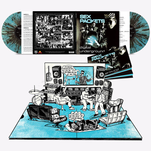 Vinyl record set with cover and additional artwork on a white background
