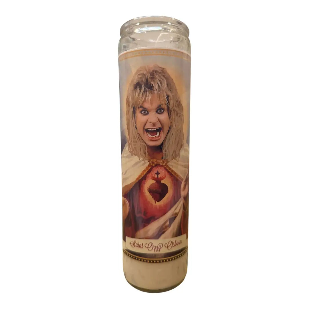 Candle with a printed design of a person's face and a heart symbol on a white background