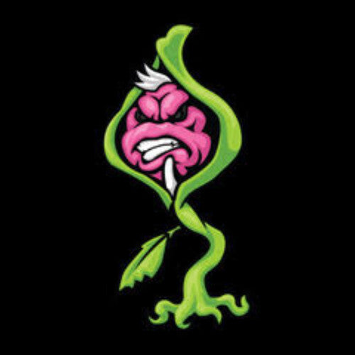 Colorful cartoon character with a pink face and green body on a black background