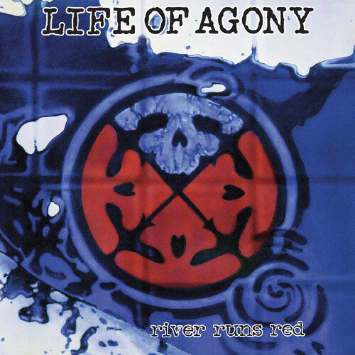 Album cover for 'River Runs Red' by Life of Agony with a skull and red symbol on a blue background.