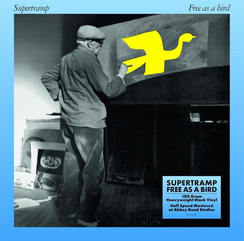 Album cover for Supertramp's 'Free as a Bird' with a man painting a yellow bird on a wall.