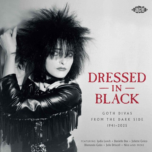 Album cover with a person in a black leather outfit and text 'Dressed in Black: Goth Divas from the Dark Side 1941-2025'.
