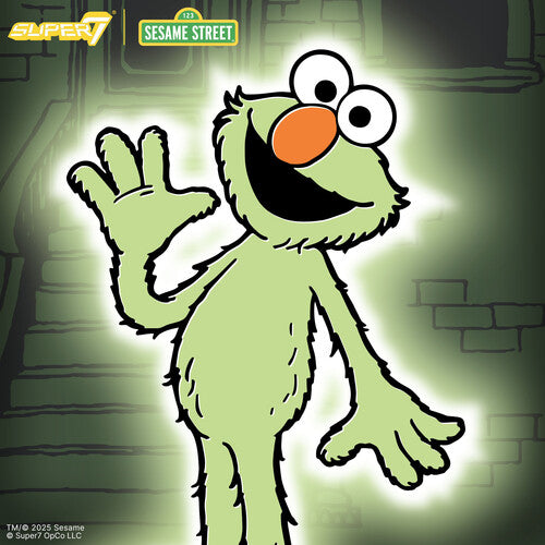 Green Sesame Street character with a glowing effect on a dark background