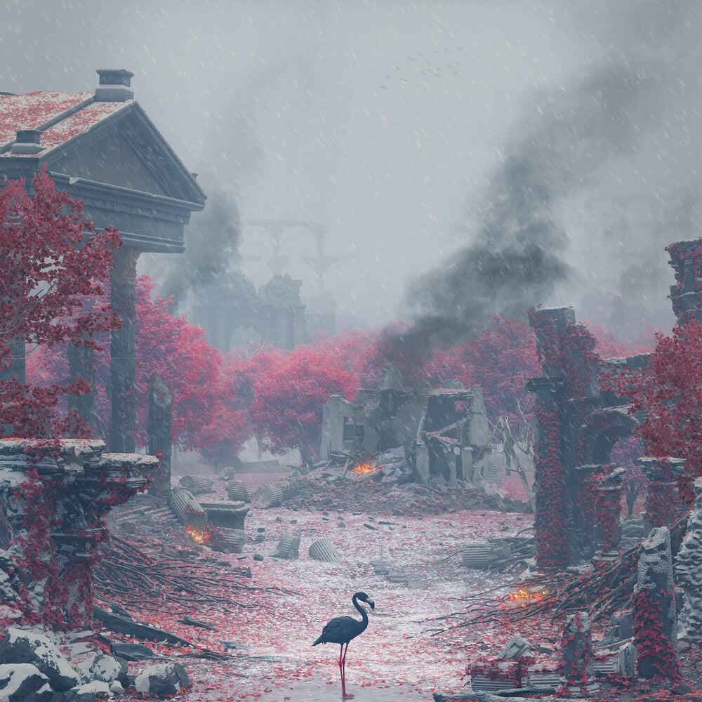 Desolate landscape with ruins, trees, and a bird in a foggy, post-apocalyptic setting.