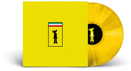 Yellow vinyl record with a black label featuring a silhouette and flag design on a white background
