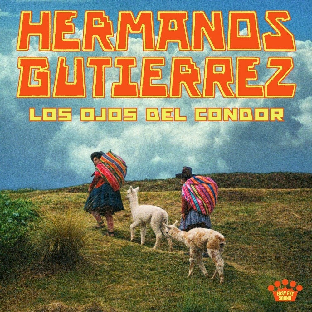 Album cover for 'Hermanos Gutierrez Los Ojos del Condor' with two people and llamas in a scenic landscape.