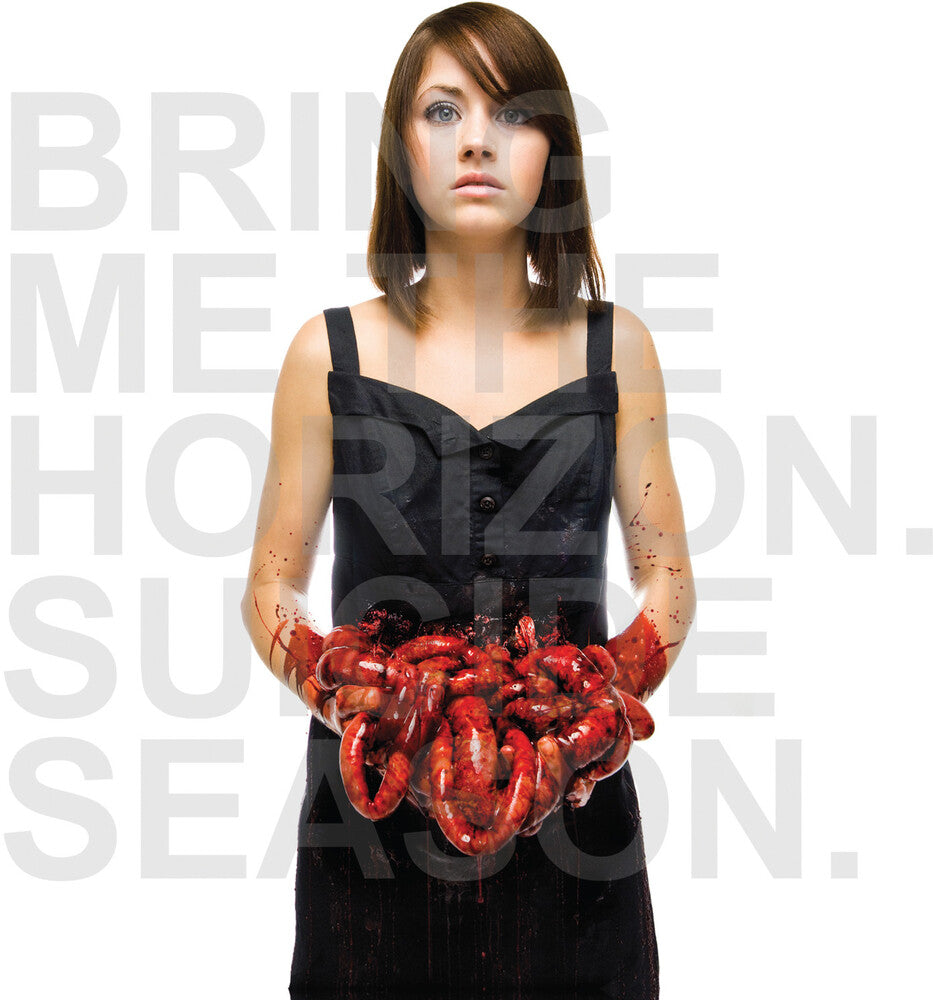 Woman holding a red, heart-shaped object with text overlay on a white background