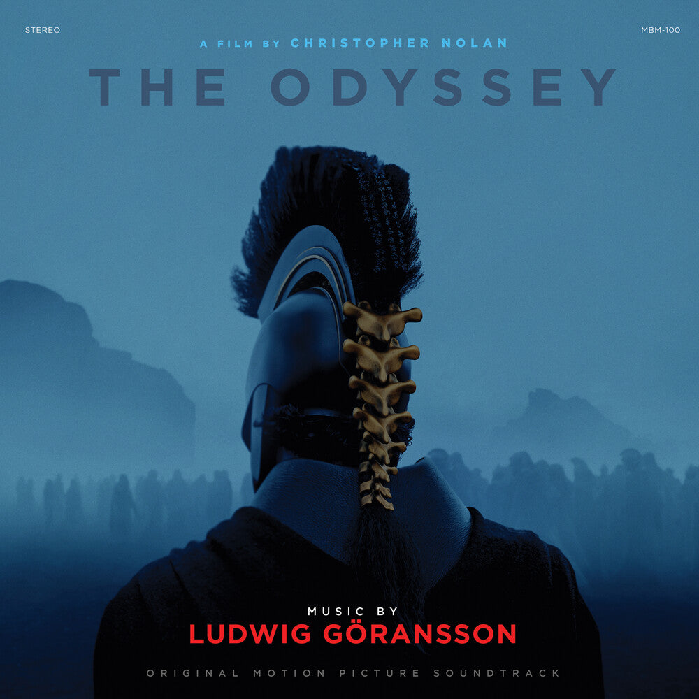 Album cover for 'The Odyssey' soundtrack with a helmeted figure and mountainous background.