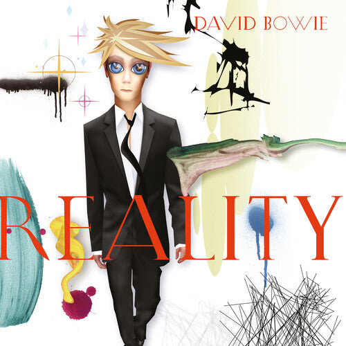 Album cover for 'Reality' by David Bowie with a stylized character and abstract elements.