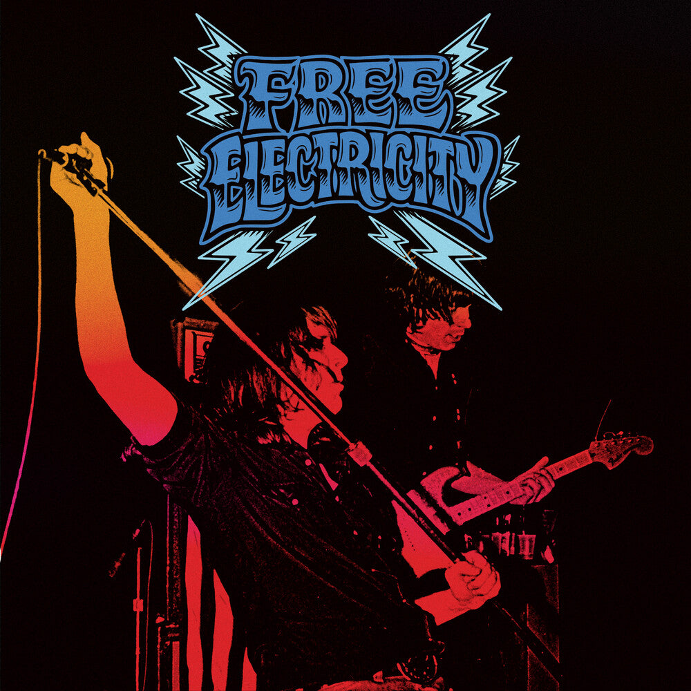 Album cover art for 'Free Electricity' featuring a stylized graphic of two guitarists on stage under a blue lightning-bolt logo, with red and orange stage lighting on a black background.