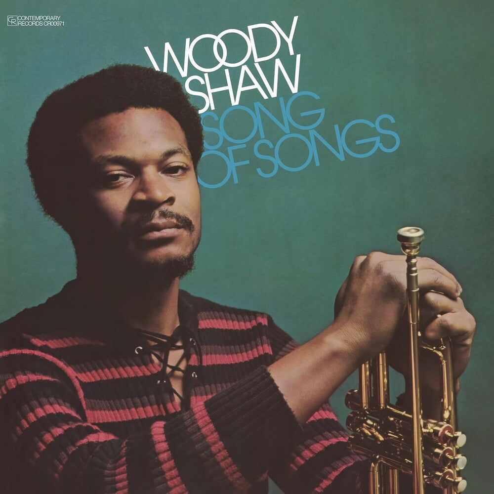 Album cover for Woody Shaw's 'Song of Songs' on Contemporary Records, featuring a portrait of Woody Shaw holding a trumpet against a teal background with stylized white and blue text.