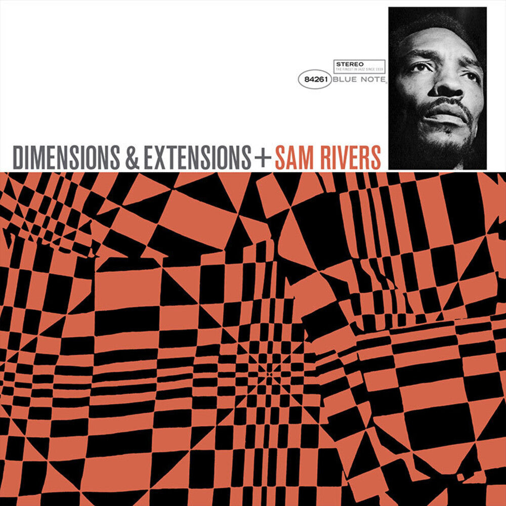 Album cover for 'Dimensions & Extensions + Sam Rivers' featuring a bold black and orange geometric optical illusion pattern across the lower portion, a white upper background with the title text, and a black-and-white portrait of Sam Rivers in the top-right corner.