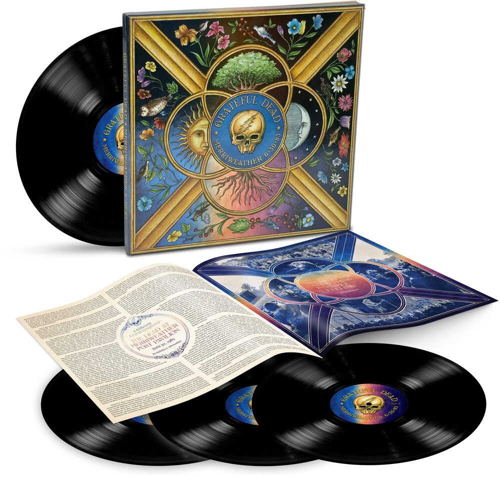 The album 'Breathe' by Fleetwood Mac is shown in its complete package, including the illustrated square outer sleeve, three black vinyl records, an open inner sleeve with printed inserts, and a blue jewel case lid, all arranged on a white background.
