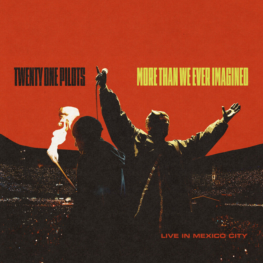 Album cover art for Twenty One Pilots' 'More Than We Ever Imagined: Live in Mexico City', featuring silhouettes of two performers on stage against a large red sky, with the band name and album title in text.